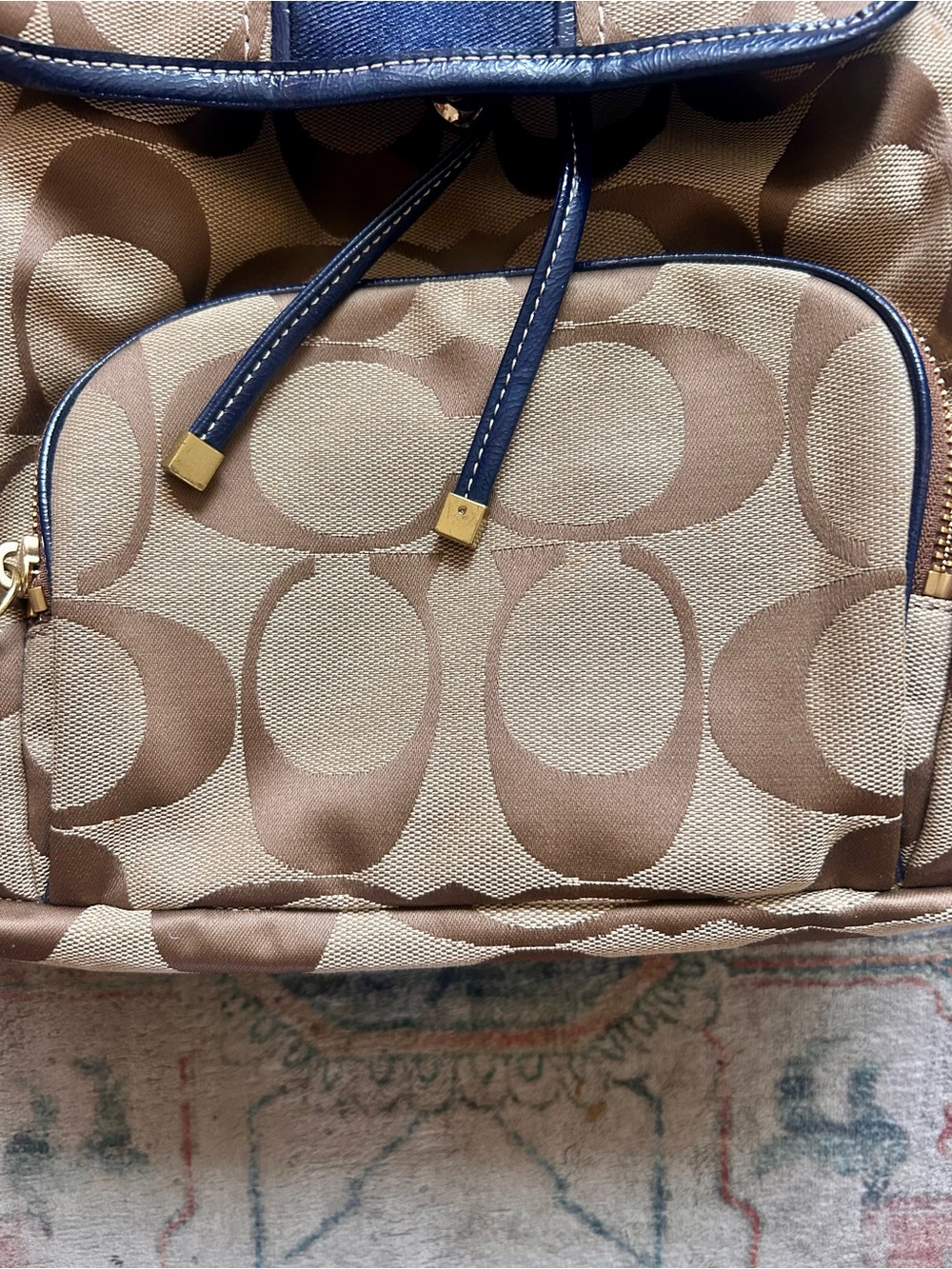 Coach Signature Backpack Gold Hardware Tan w Navy Trim Two Tags Charms Canvas - Picture 3 of 15
